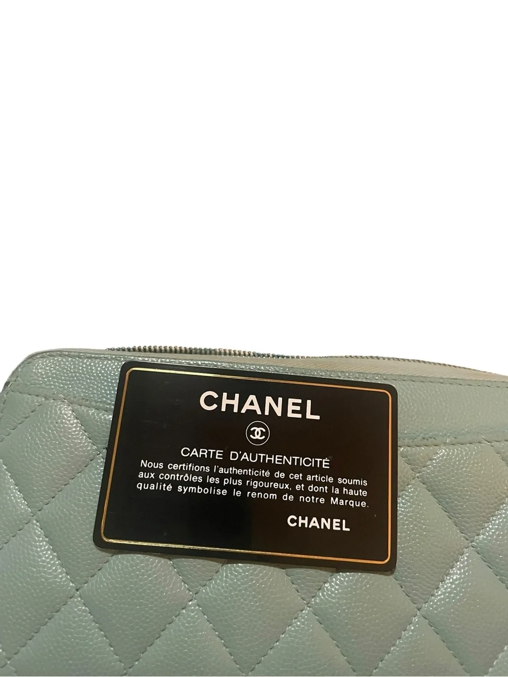 Authentic Chanel Mint Green Caviar Leather Classic Zip Around Wallet GHW